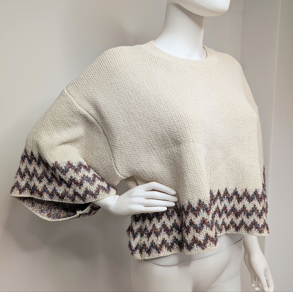 90s Light Khaki Cream Chenille Cropped Boxy Sweater Bell Sleeve Metallic Accents